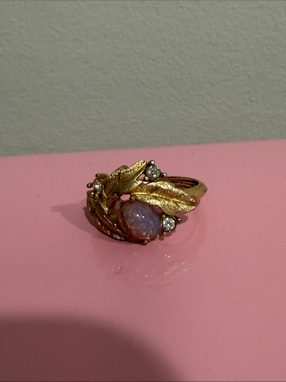 Vintage Avon Adjustable Gold Leaf Opal and Cubic Zirconia Cocktail Ring - Gold